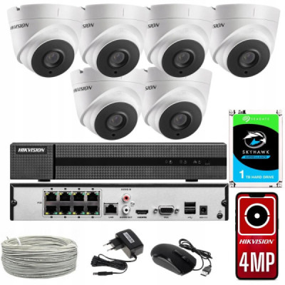 Zestaw monitoringu IP Hikvision 6x Kamera cyfrowa IP PoE IPCAM-T4 + Rejestrator cyfrowy z zasilaczem PoE NVR-8CH-POE + A