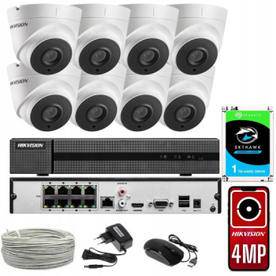 Zestaw monitoringu IP Hikvision 8x Kamera cyfrowa IP PoE IPCAM-T4 + Rejestrator cyfrowy z zasilaczem PoE NVR-8CH-POE + A