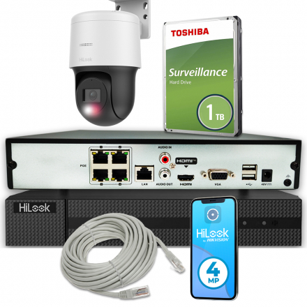 Zestaw monitoringu HiLook Hikvision PoE 1x kamera obrotowa IP 4MP PTZ-N4MP kolorowy obraz w nocy detekcja człowiek/pojazd HiLook by Hikvision