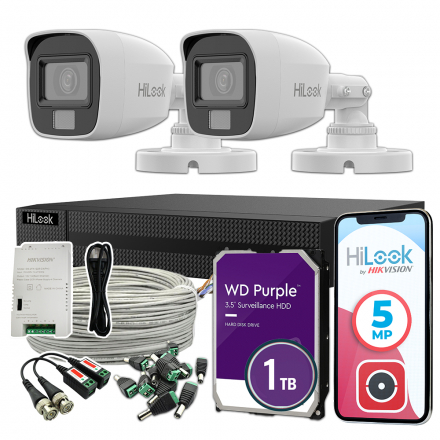 Zestaw monitoringu HiLook Hikvision analogowy 2x kamera 3K TVICAM-B5M-20DL kolorowy obraz w nocy detekcja człowiek/pojazd HiLook by Hikvision