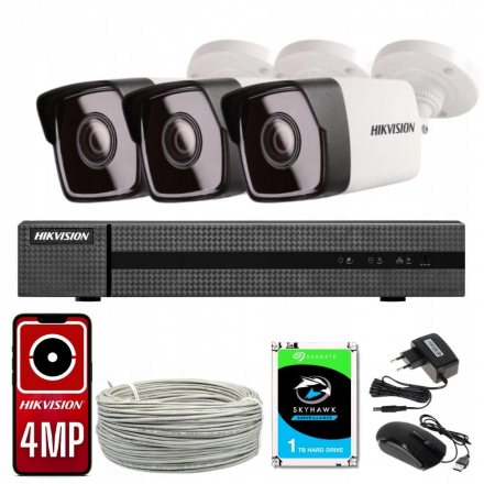 Zestaw monitoringu IP Hikvision 3x Kamera cyfrowa IP PoE IPCAM-B4 + Rejestrator cyfrowy z zasilaczem PoE HWN-4104MH-4P + AKCESORIA