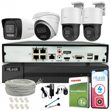 Zestaw monitoringu HiLook Hikvision PoE 2x kamera obrotowa IP 4MP PTZ-N4MP kolorowy obraz w nocy detekcja człowiek/pojazd HiLook by Hikvision