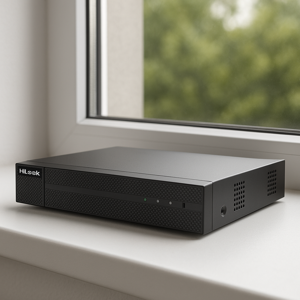 Rejestrator HiLook DVR-8CH-5MP położony na parapecie okiennym Rejestrator HiLook DVR-8CH-5MP na parapecie