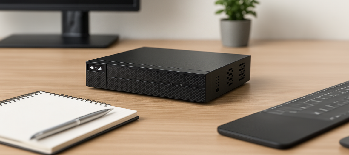 Rejestrator HiLook DVR-8CH-5MP na biurku przy notesie