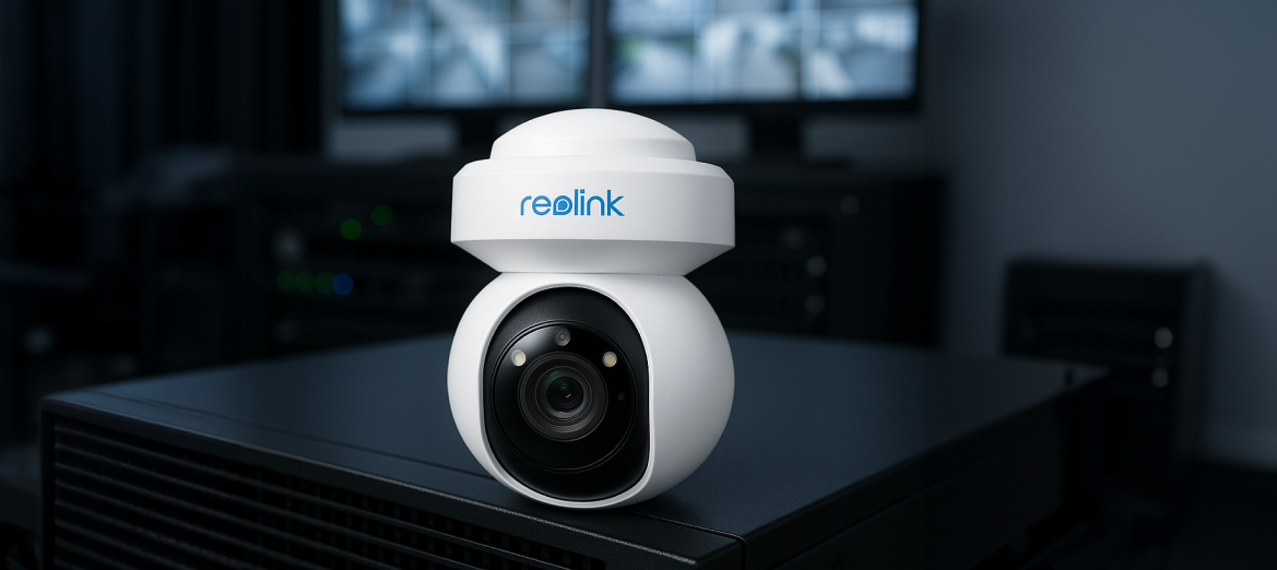 Kamera Reolink E560P na czarnym blacie w centrum monitoringu