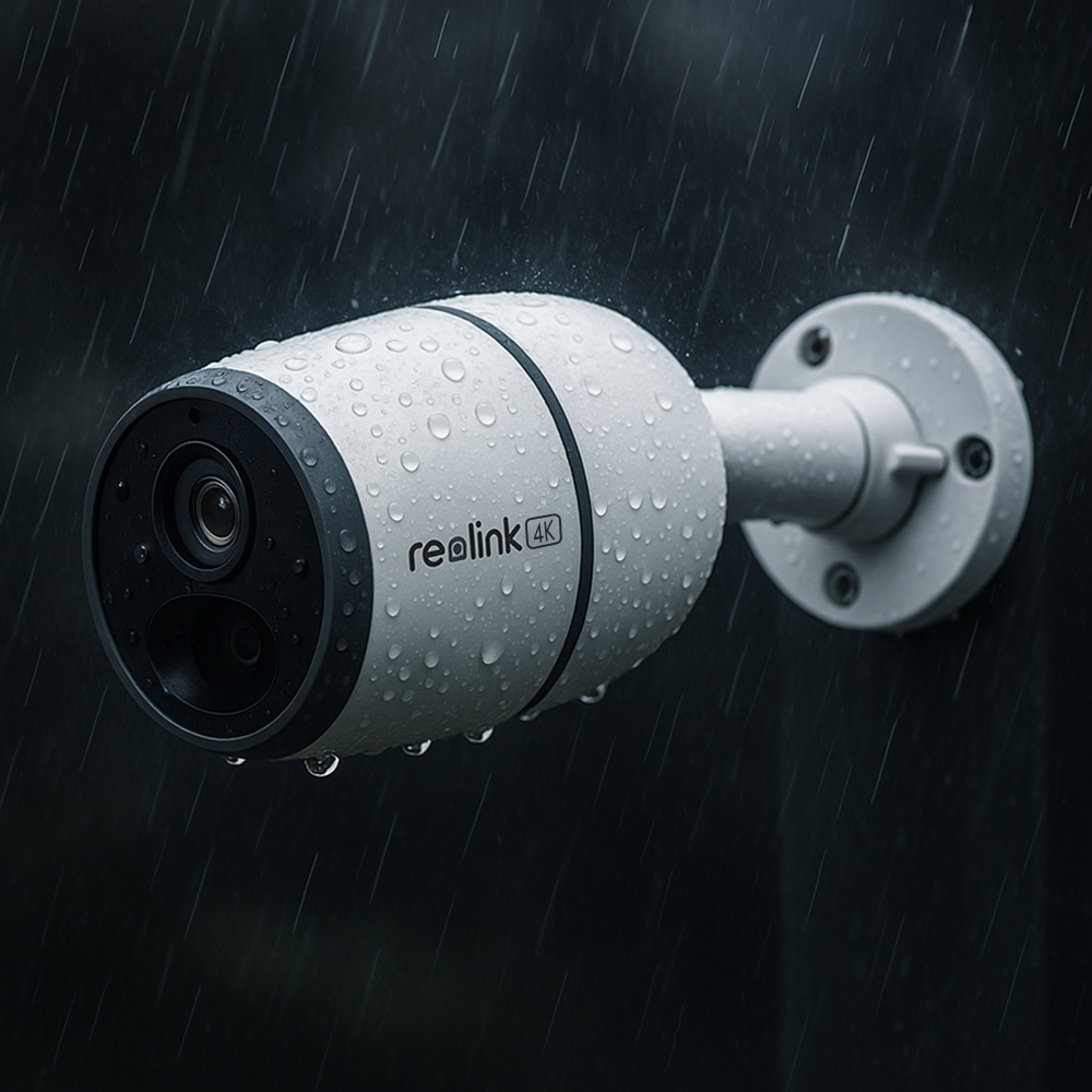 Kamera Reolink G340 działająca w deszczu Kamera Reolink G340 na elewacji budynku