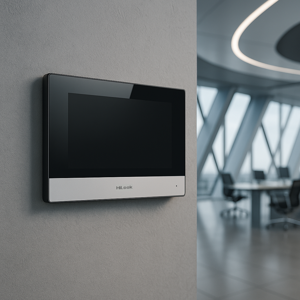 Wideodomofon HiLook HD-VIS-02 na szarej ścianie Wideodomofon HiLook HD-VIS-02 zamontowany na ścianie w biurze