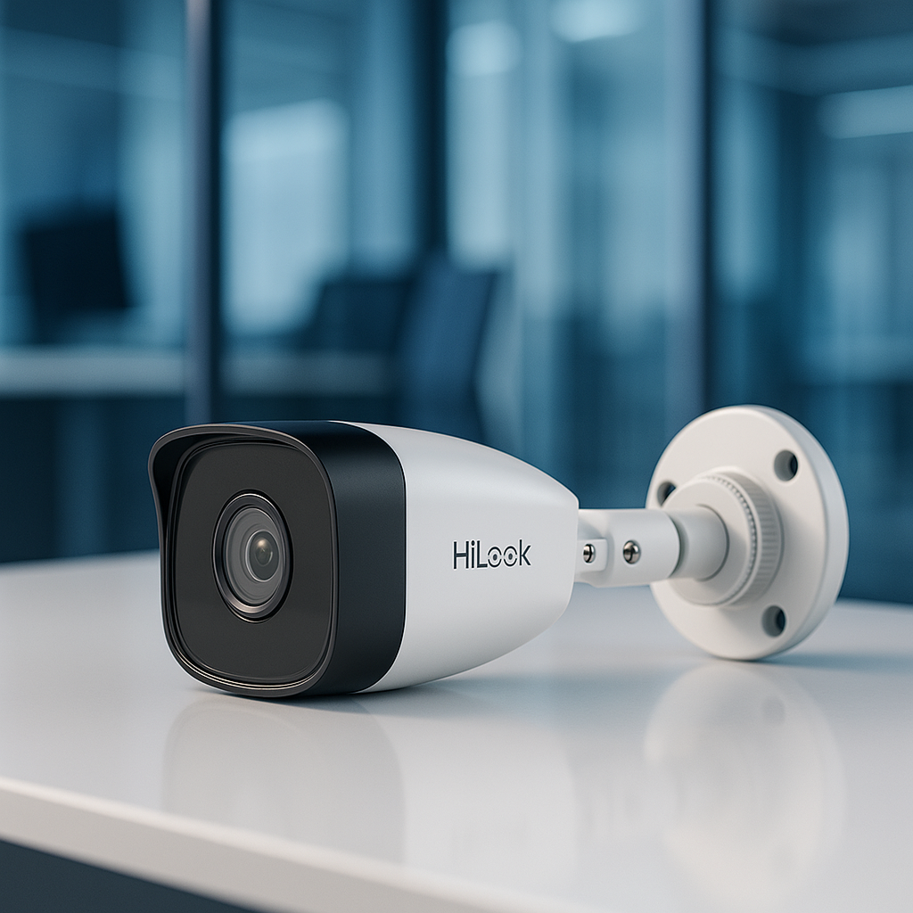 Kamera HiLook IPCAM-B5 leżąca na białym biurku w biurze Kamera HiLook IPCAM-B5 na białym biurku