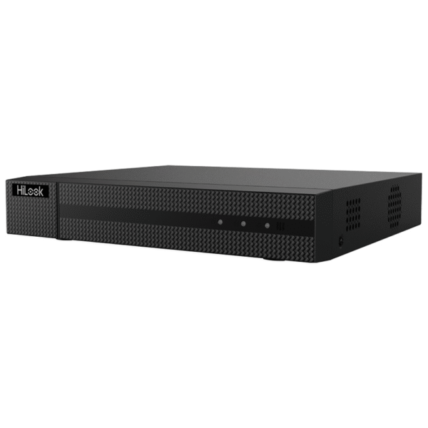 Czarny rejestrator HiLook NVR-4CH-5MP-4P frontem