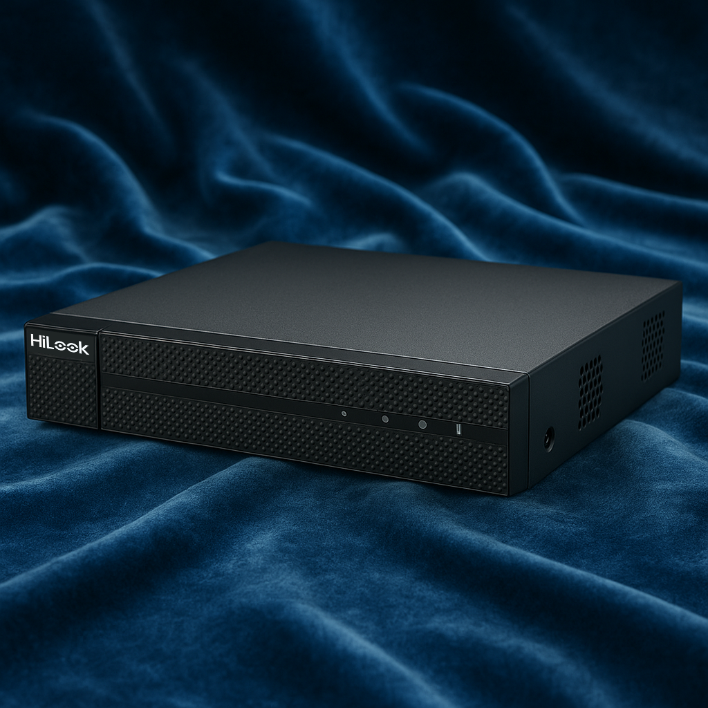 Rejestrator HiLook NVR-8CH-5MP/8P na niebieskim materiale Rejestrator HiLook NVR-8CH-5MP/8P na niebieskim tle