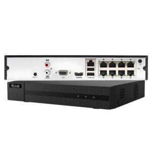 Rejestrator HiLook NVR-8CH-H-5MP-8P pokazany frontem i tyłem