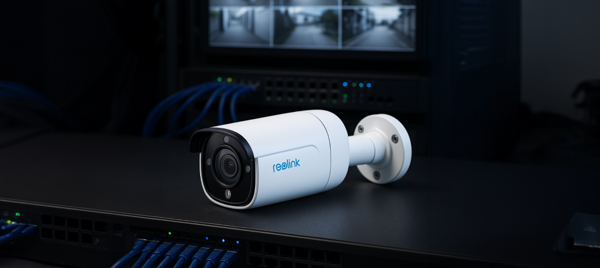 Kamera Reolink P340 leżąca na stole w centrum monitoringu