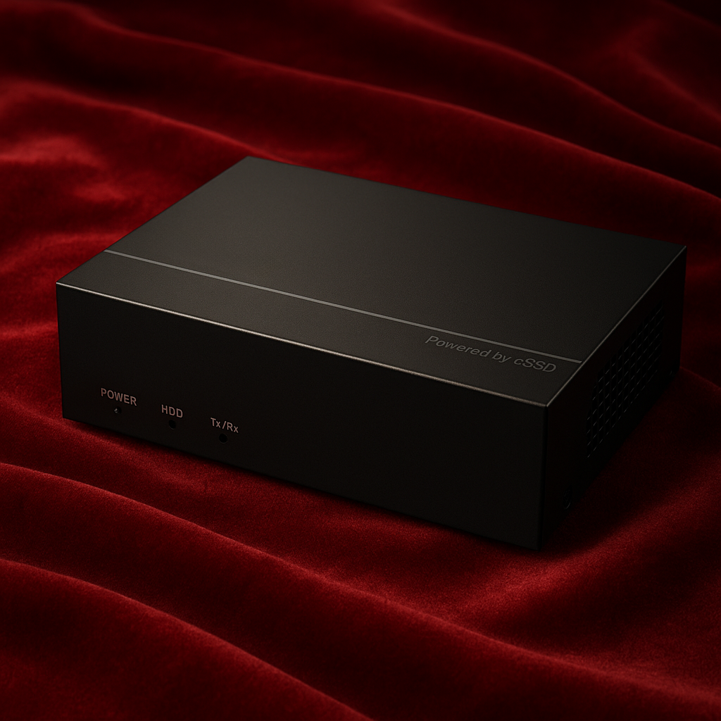 Rejestrator HiLook SSD-DVR-2MP położony na czerwonym materiale Rejestrator HiLook SSD-DVR-2MP na czerwonym tle
