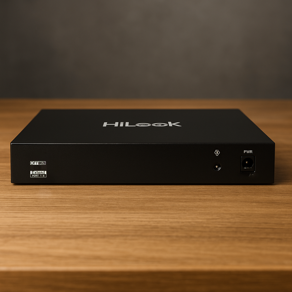Switch PoE HiLook SW-06-POE na drewnianym stole Switch PoE HiLook SW-06-POE na stole