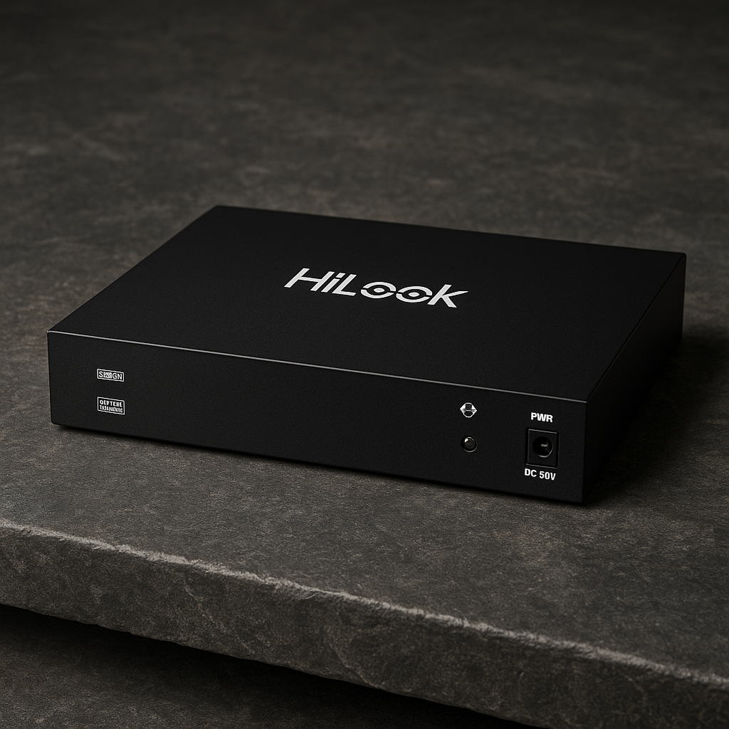 Switch PoE HiLook SW-10-POE na szarym blacie Switch PoE HiLook SW-10-POE na kamiennym stole