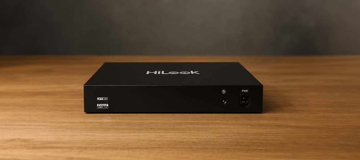 Switch PoE HiLook SW-10-POE na drewnianym stole