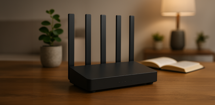 Czarny router wi-fi na drewnianej komodzie