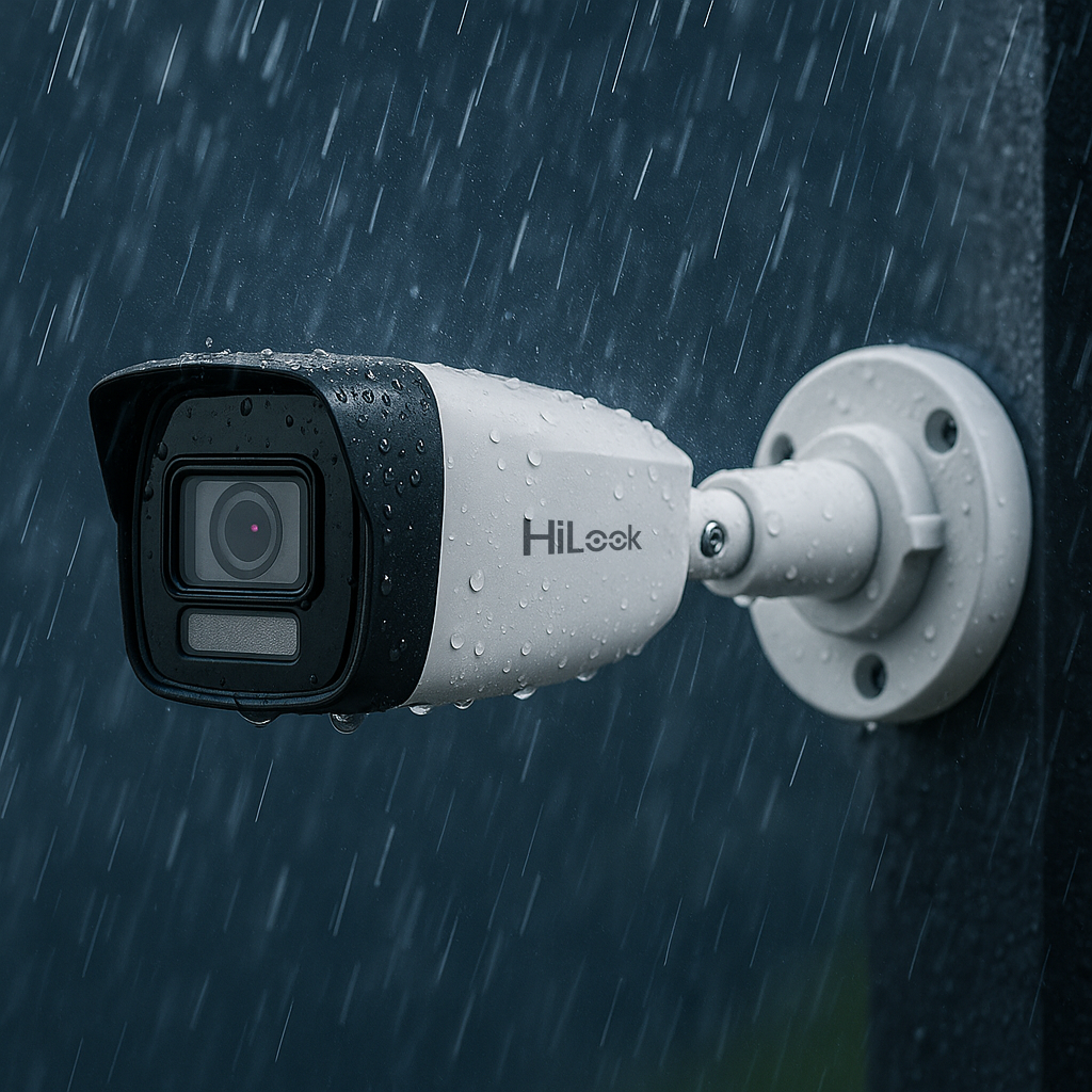 Kamera HiLook IPCAM-B2-30DL na deszczu Kamera HiLook IPCAM-B2-30DL zawieszona na elewacji