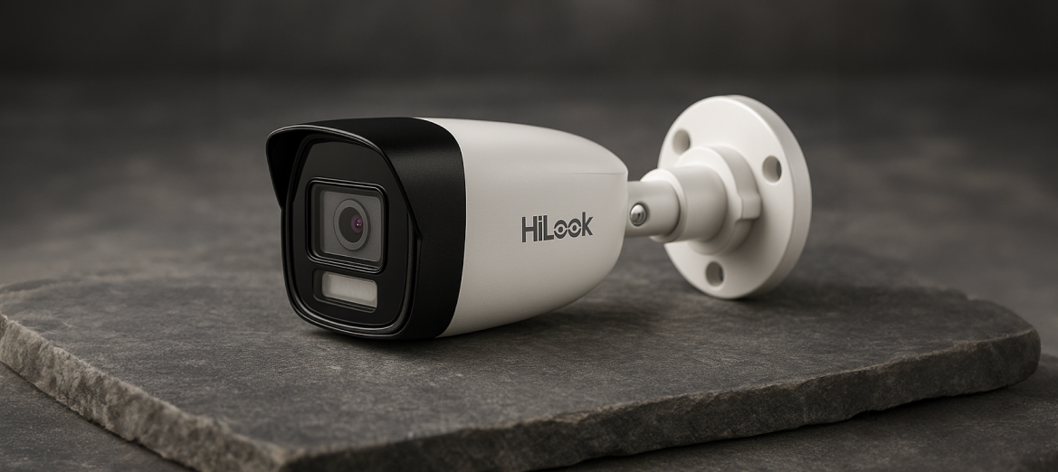 Kamera HiLook IPCAM-B6-30DL położona na kamiennym stole