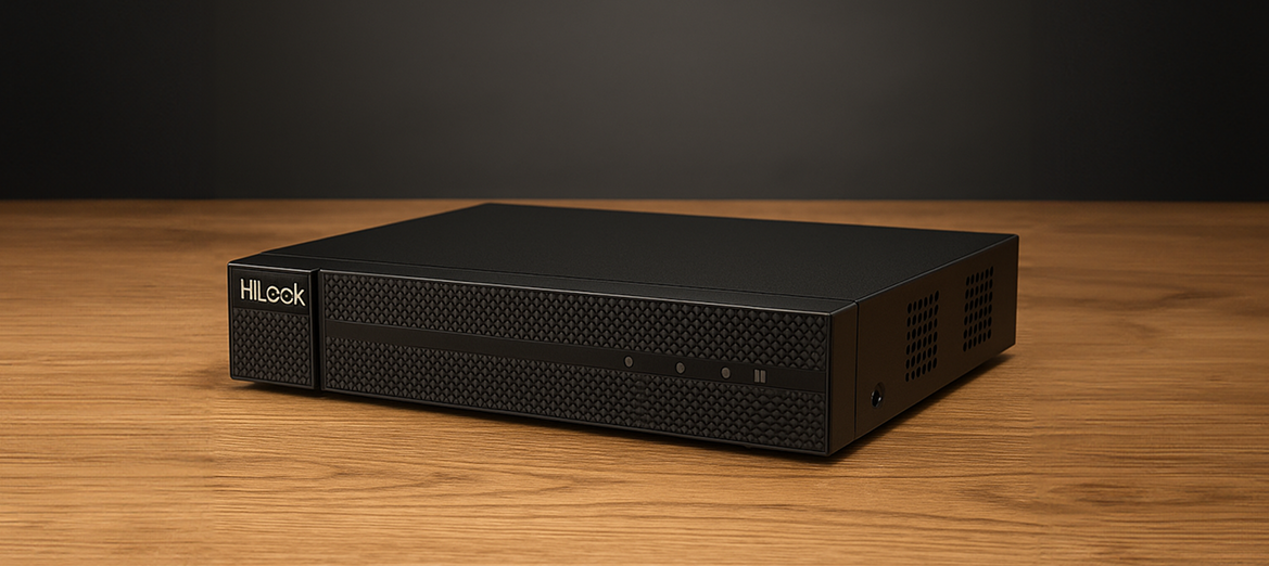 Rejestrator HiLook DVR-4CH-5MP na drewnianym stole