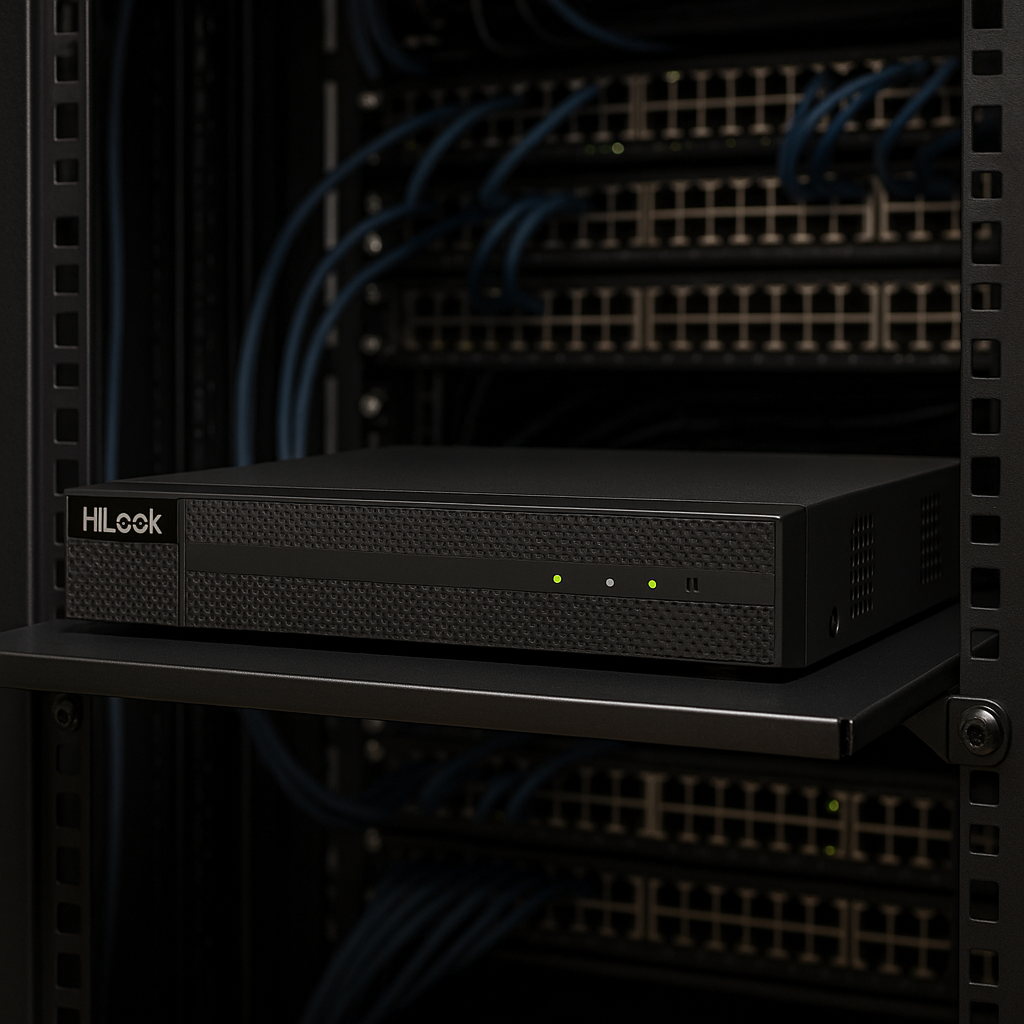 Rejestrator analogowy HiLook DVR-4CH-5MP w szafie rack Rejestrator analogowy HiLook DVR-4CH-5MP umieszczony w szafie rack