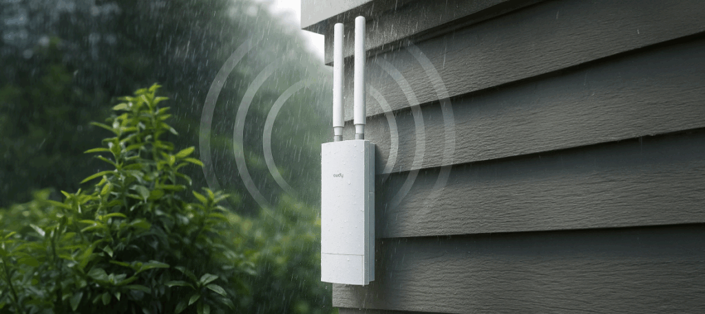 Punkt dostępu Cudy AP3000 Outdoor na elewacji domu