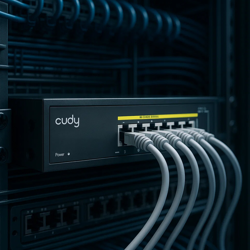 Switch PoE Cudy FS1006P umieszczony w szafie rack w centrum monitoringu Switch PoE Cudy FS1006P podłączony w centrum monitoringu