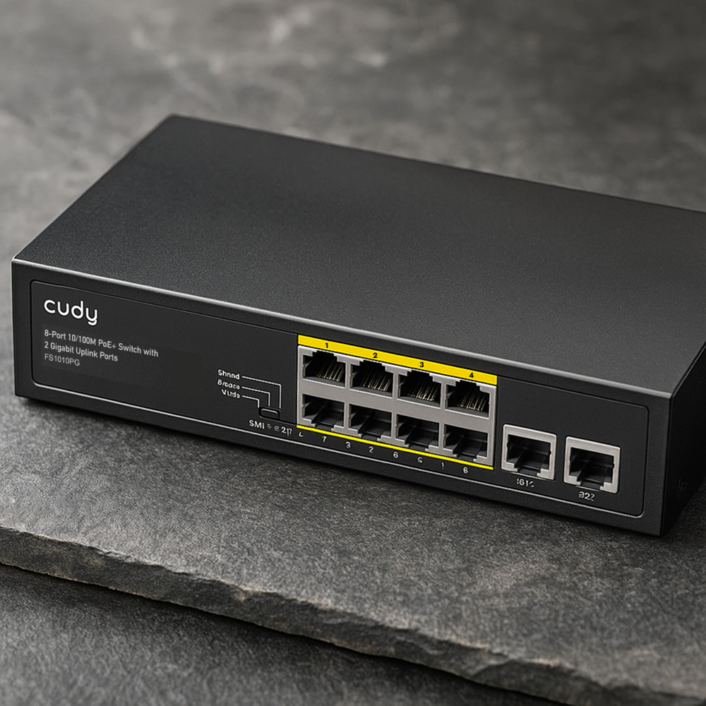 Switch Cudy FS1010PG na kamiennym blacie