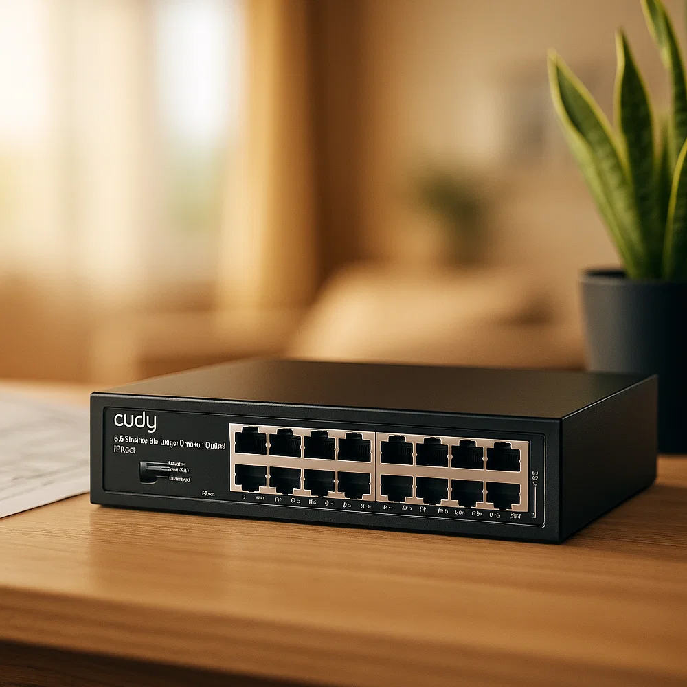 Switch Cudy FS1016 na drewnianym stole