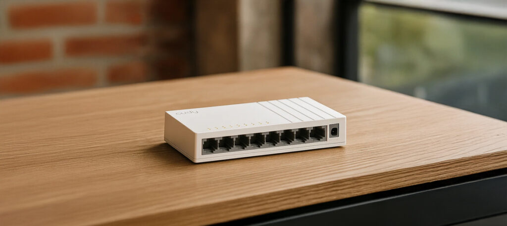 Switch Cudy FS108D na drewnianym blacie