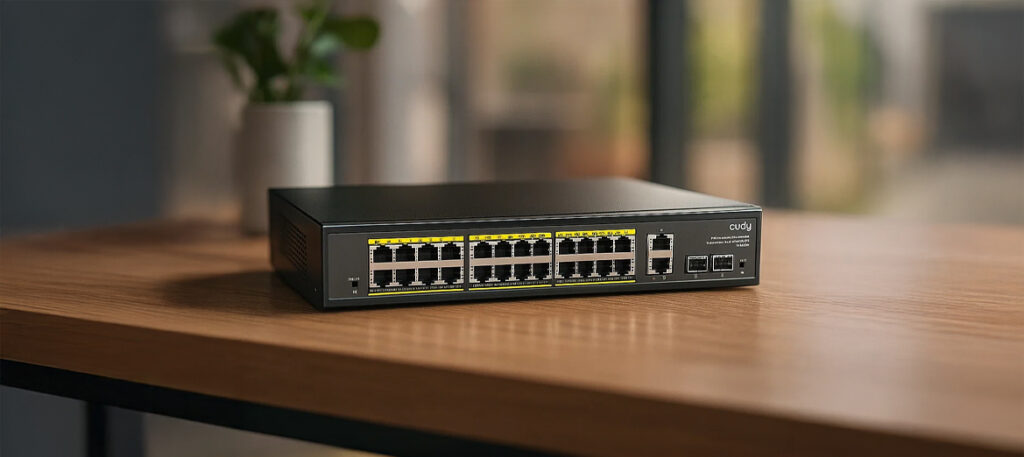 Switch Cudy GS1026PS2 na drewnianym stole