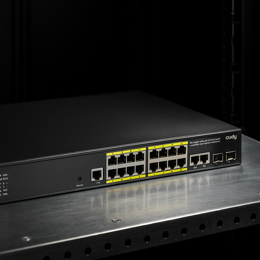 Switch Cudy GS2018PS2-200W na czarnym tle