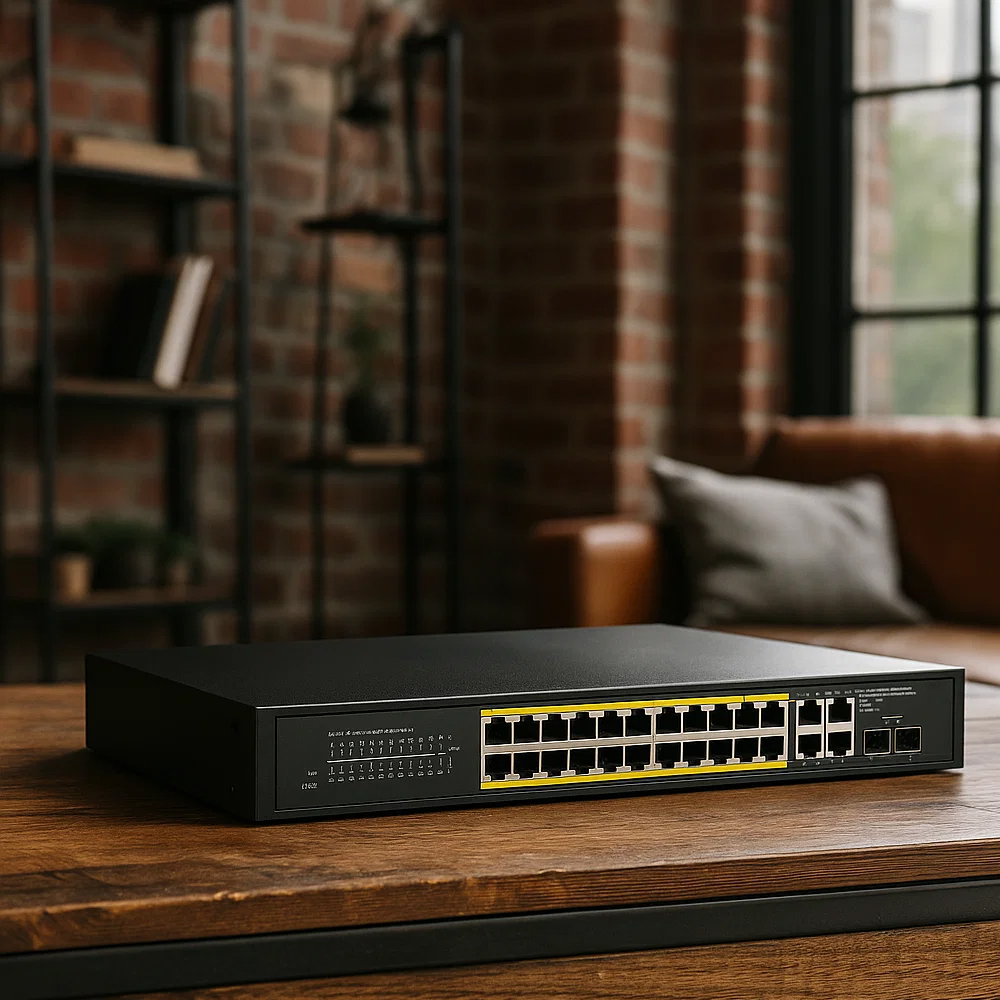 Switch PoE Cudy GS2028PS4-300W na drewnianym stole