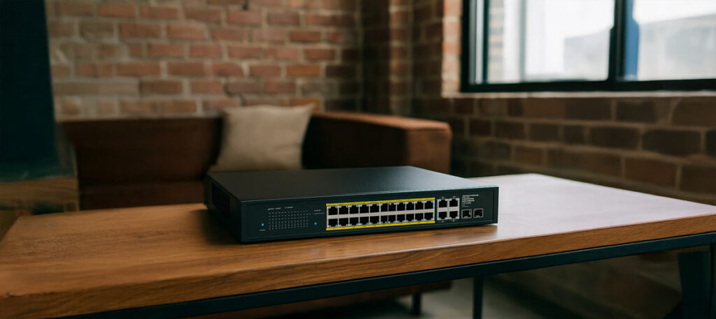 Switch PoE Cudy GS2028PS4-300W na stole w salonie