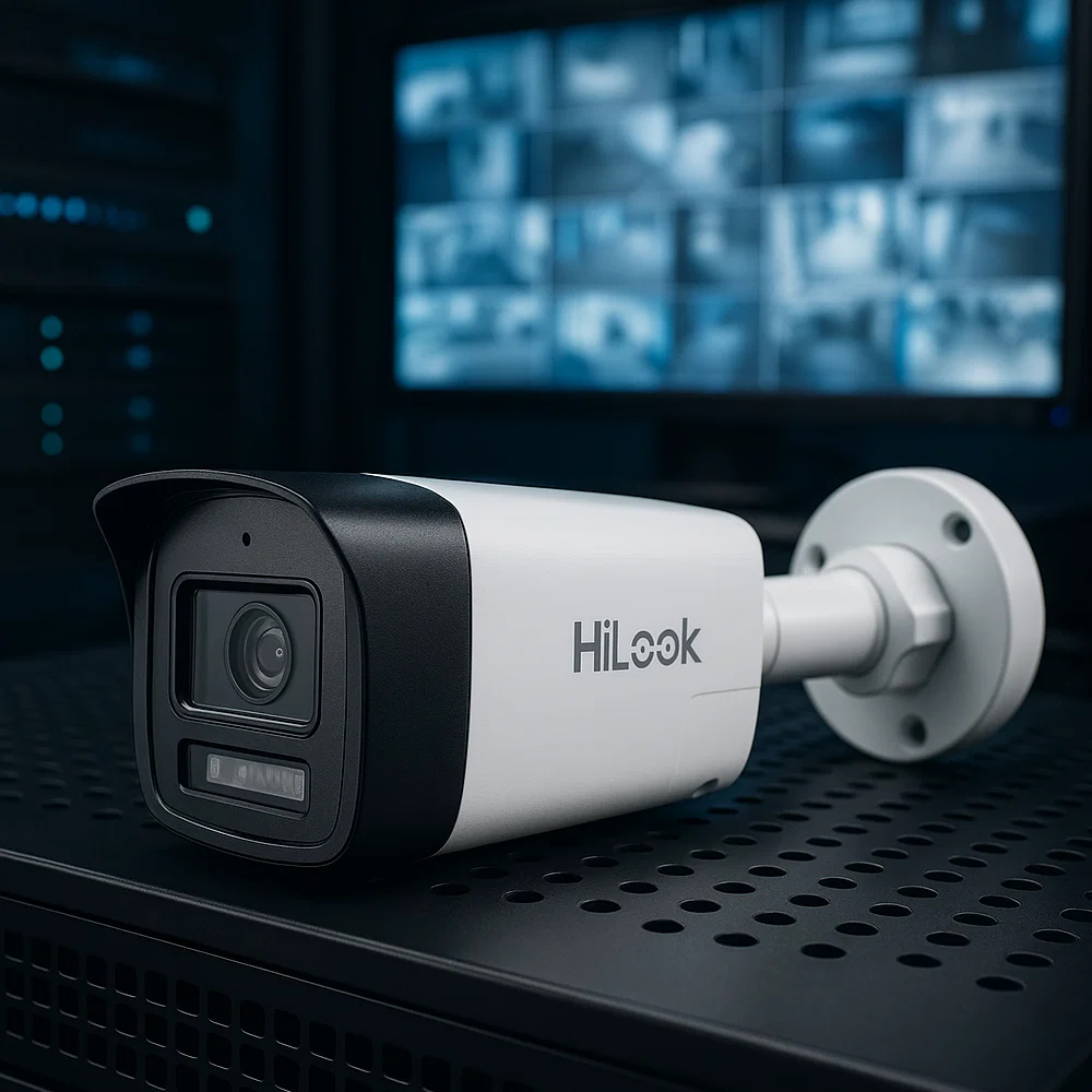 Kamera HiLook IPCAM-B8-30DL leżąca na stole w centrum monitoringu Kamera HiLook IPCAM-B8-30DL w centrum monitoringu