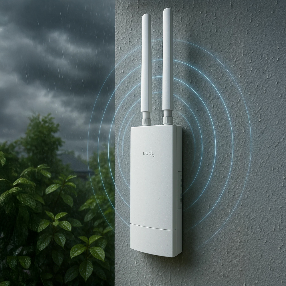 Router Cudy LT400 outdoor zamontowany na elewacji domu Router Cudy LT400 outdoor na elewacji domu
