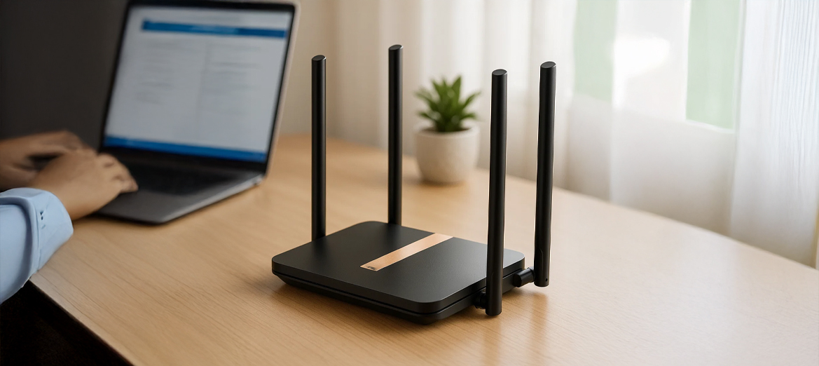 Router Cudy LT500D leżący przy komputerze