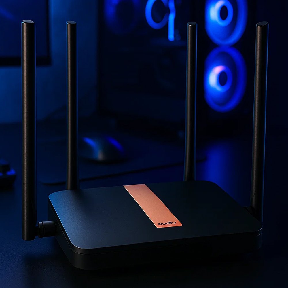 Router Cudy LT500D leżący w ciemnym pomieszczeniu Router Cudy LT500D w ciemnym pomieszczeniu