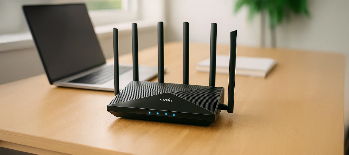 Router Cudy LT700 położony na drewnianym biurku