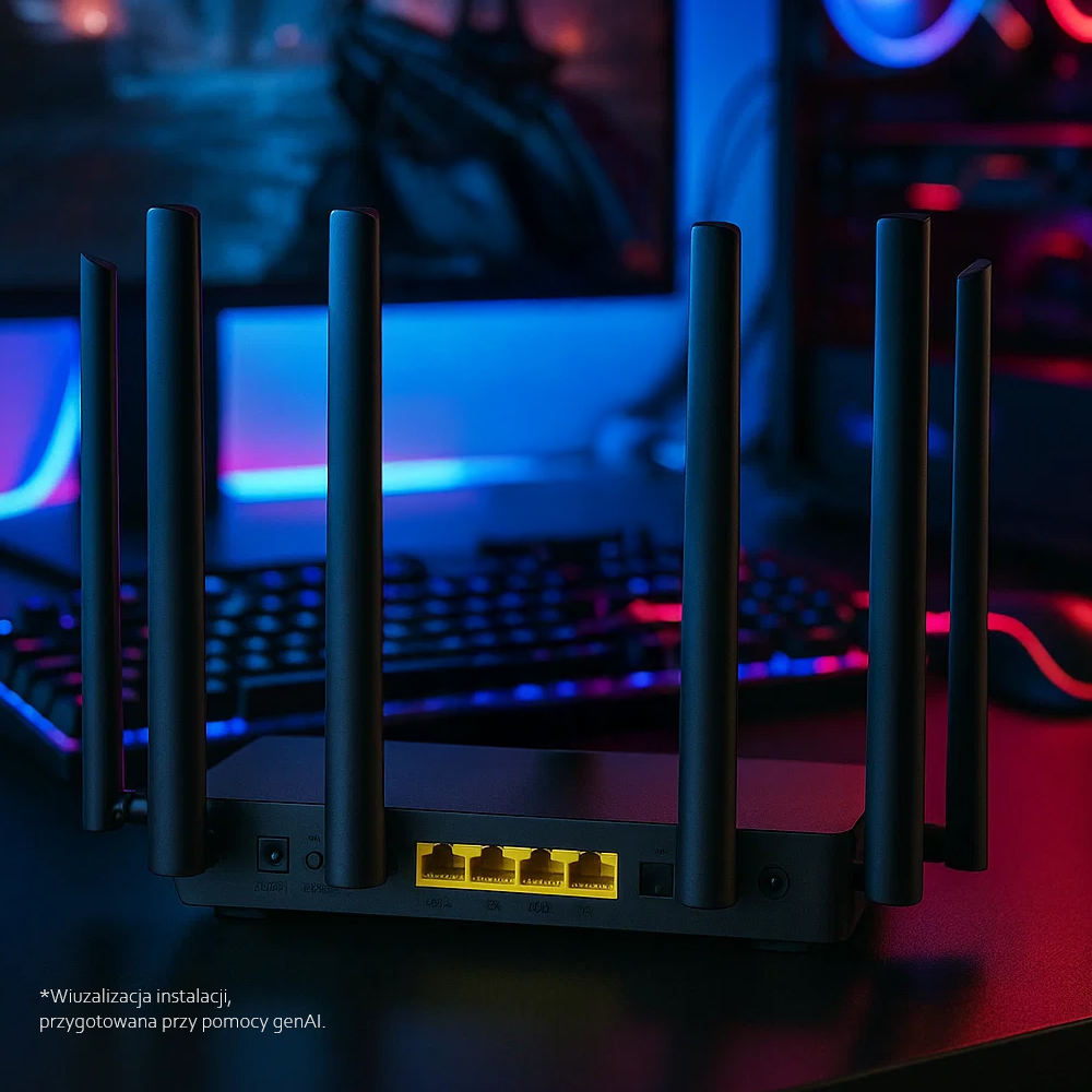 Router Cudy LT700 położony przy komputerze Router Cudy LT700 leżący na biurku przy komputerze