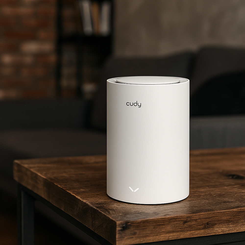 Router Cudy M1800 2-Pack na drewnianym blacie