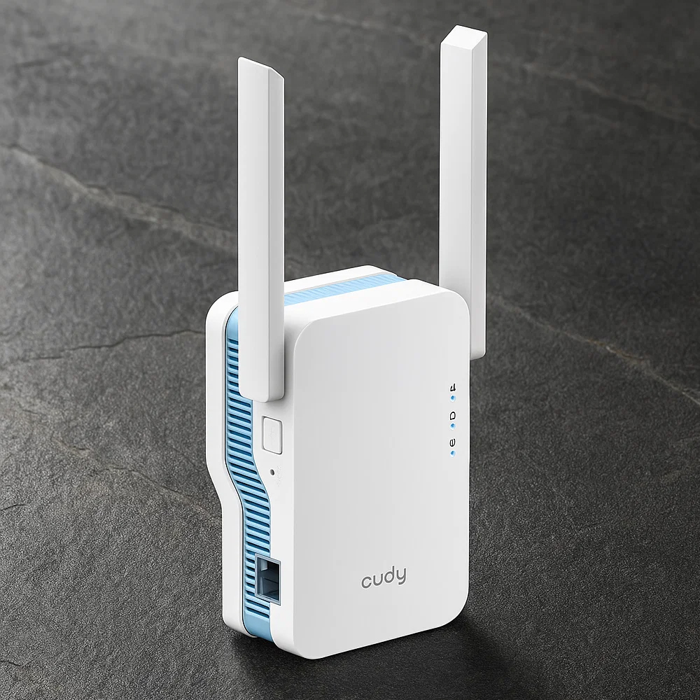 Wzmacniacz Wi-Fi Cudy RE1200 na szarym blacie