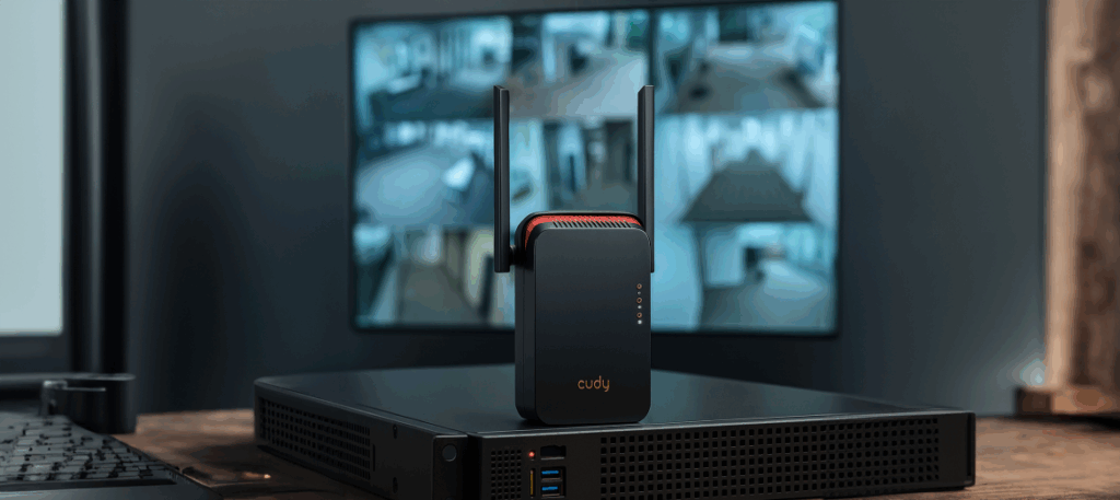 Wzmacniacz Wi-Fi Cudy RE3000 ustawiony na rejestratorze