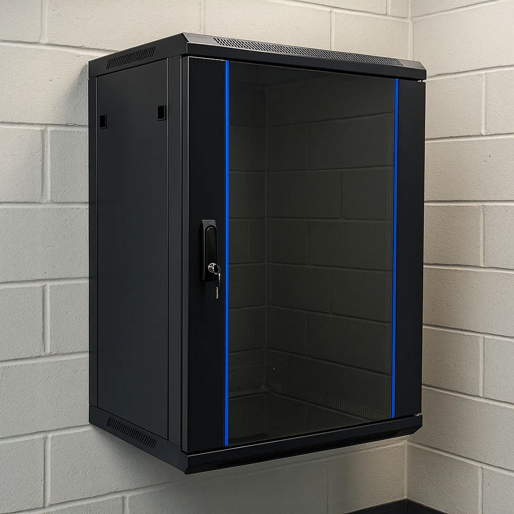 Szafa RACK 15U 600×600 wisząca RL-6615WZD na ścianie Szafa RACK 15U 600x600 wisząca RL-6615WZD na białej ścianie
