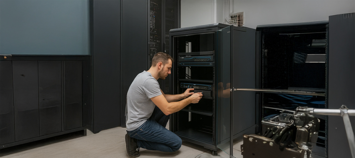 Szafa RACK 21U 600x600 eco stojąca RL-6621SRE podczas rozbudowy