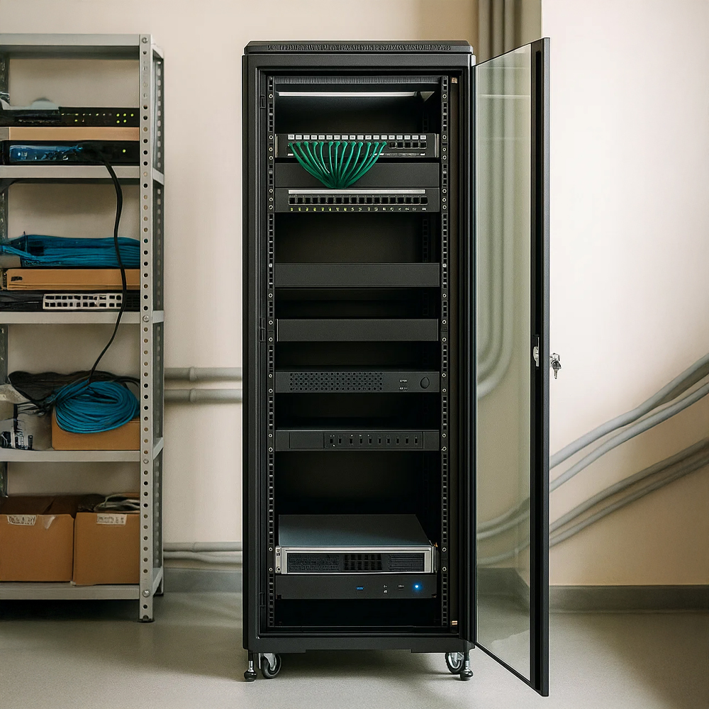 Szafa RACK 22U 600×600 stojąca RL-6622SR ze sprzętem Szafa RACK 22U 600x600 stojąca RL-6622SR ze schowanym sprzętem