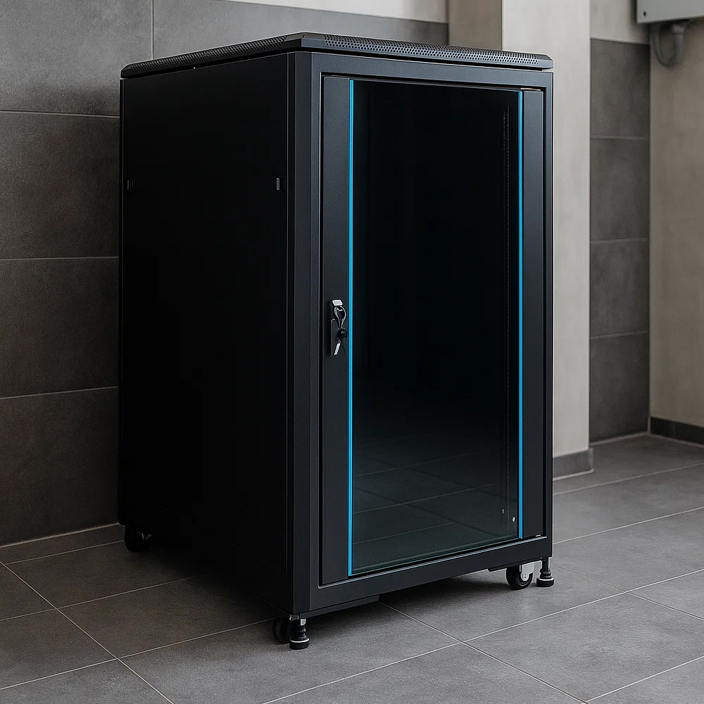 Szafa RACK 15U 600×800 stojąca RL-6815SR postawiona na szarej podłodze Szafa RACK 15U 600x800 stojąca RL-6815SR umieszczona przy ścianie