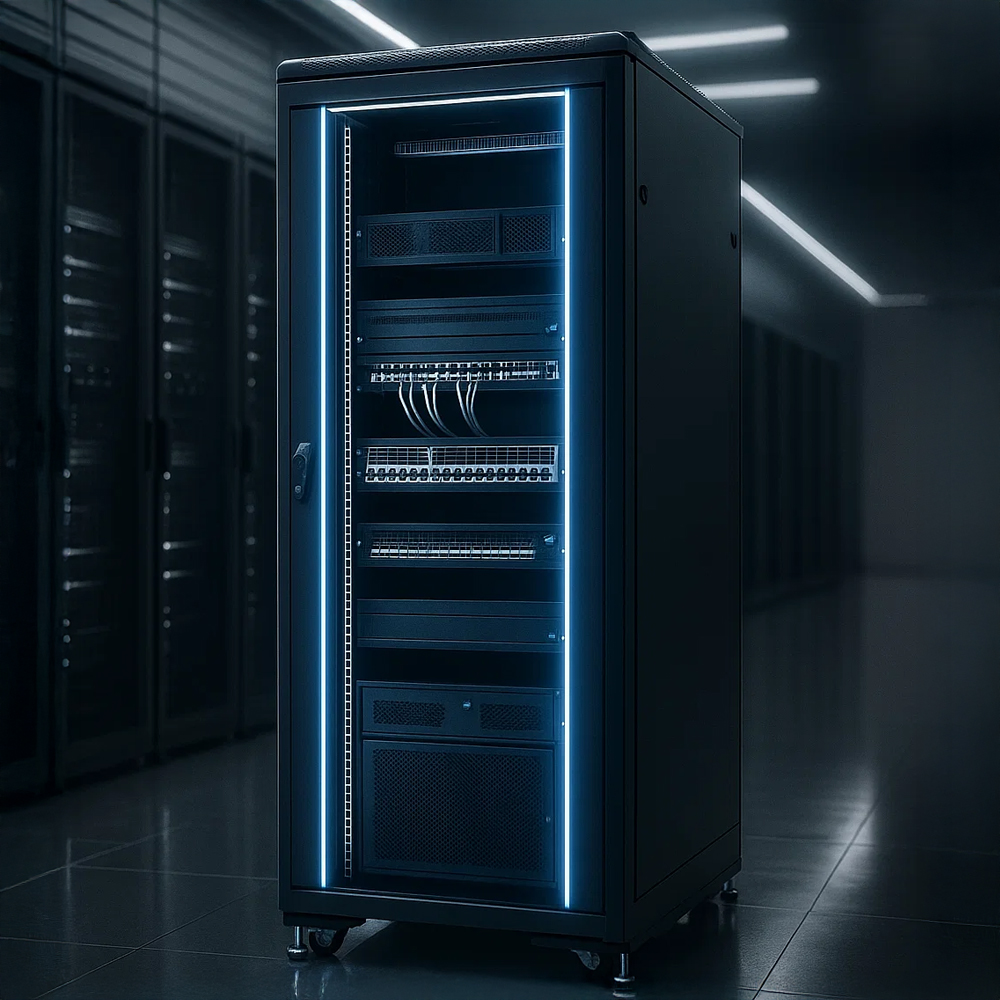 Szafa RACK 42U 600×800 stojąca RL-6842SR w podświetlonym pomieszczeniu Szafa RACK 42U 600x800 stojąca RL-6842SR podświetlona