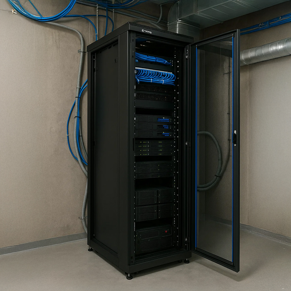 Szafa RACK 42U 800×1000 stojąca RL-8042SR z zamontowanym wewnątrz sprzętem Szafa RACK 42U 800x1000 stojąca RL-8042SR z zainstalowanym sprzętem