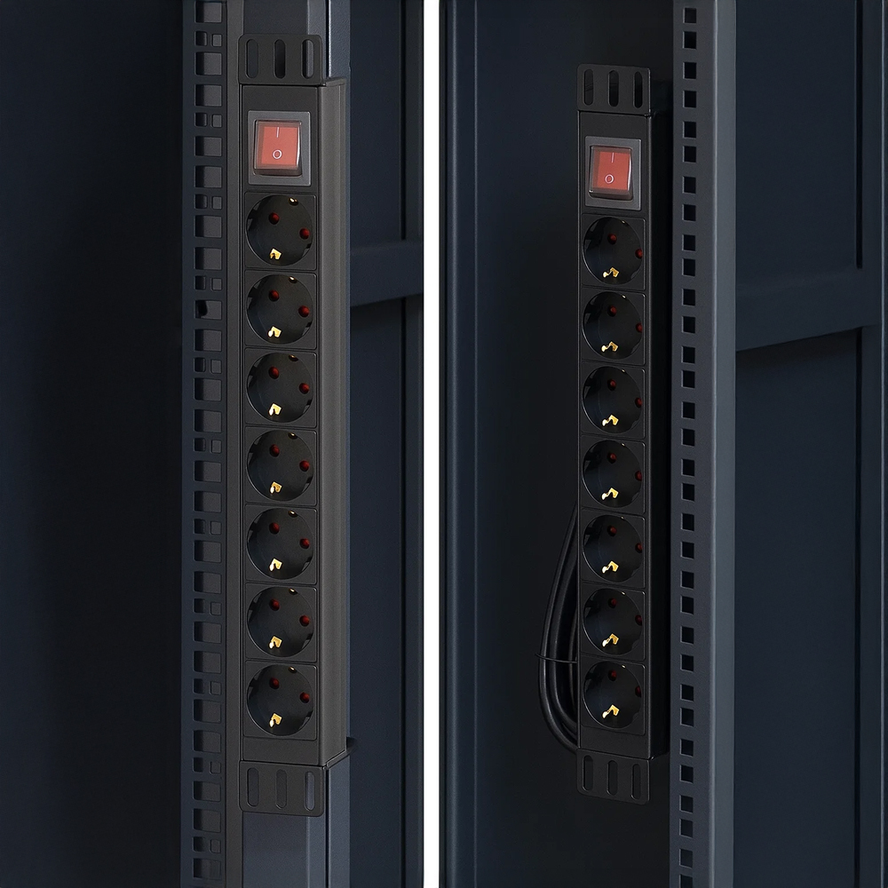 Listwa zasilająca RACK RL-LZ8 na czarnym tle Listwa zasilająca RACK RL-LZ8 wyłączona